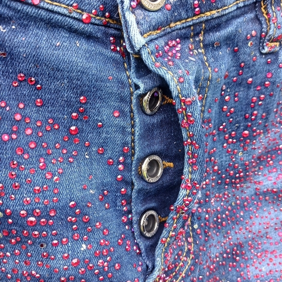 Avenue George V Red Rhinestone Skinny Jeans Mens Sz 32 Button Fly Distressed - Picture 9 of 11